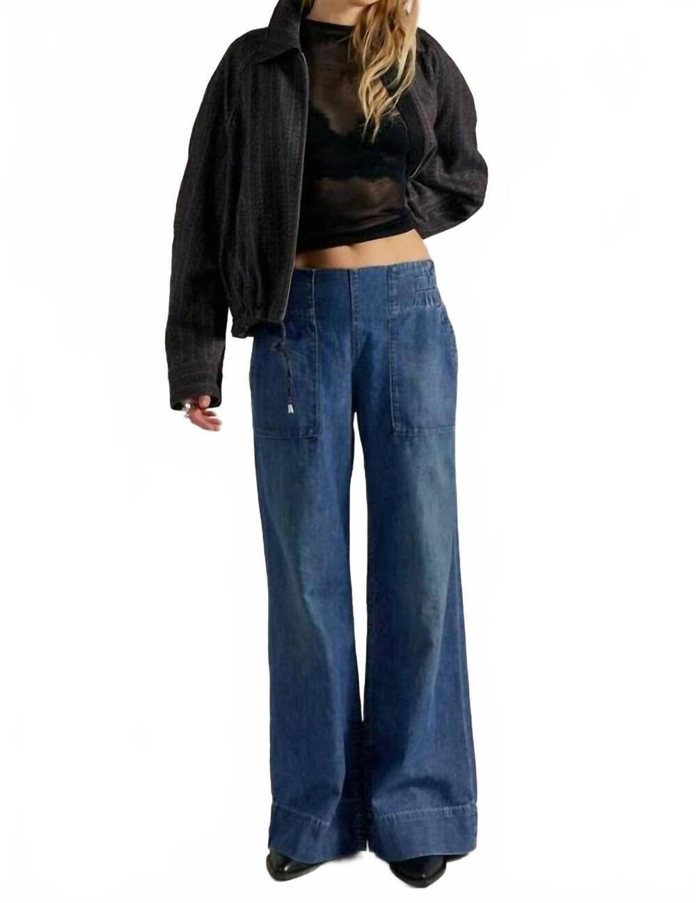 NEW FREE PEOPLE breezy denim pull on wide leg jean in cobalt
